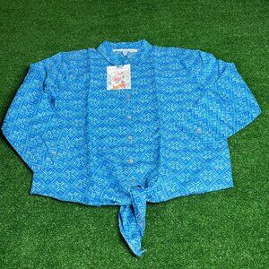 Mac Dougal & Houston Button-Up 3/4 Sleeve Tie Front Linen Blend Blue Shirt S NEW